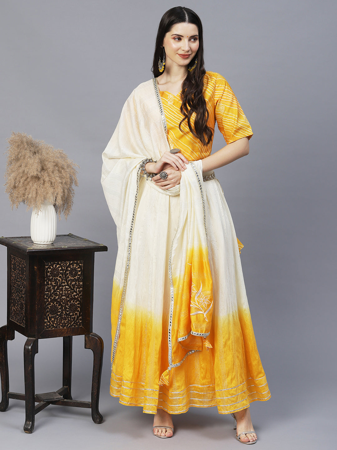 Ethnic Printed Short Top with Flared Skirt & Dupatta - Yellow