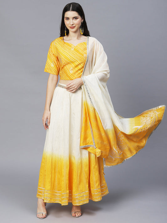 Ethnic Printed Short Top with Flared Skirt & Dupatta - Yellow