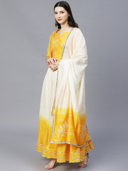 Ethnic Printed Short Top with Flared Skirt & Dupatta - Yellow