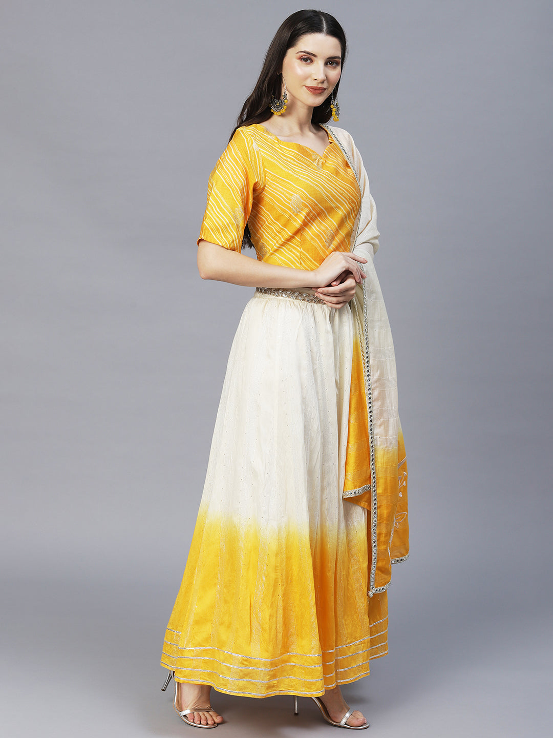 Ethnic Printed Short Top with Flared Skirt & Dupatta - Yellow