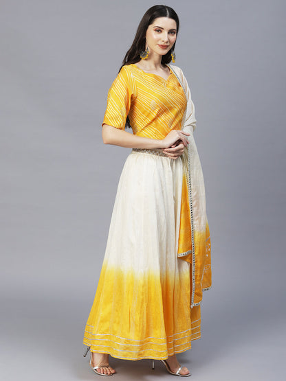 Ethnic Printed Short Top with Flared Skirt & Dupatta - Yellow