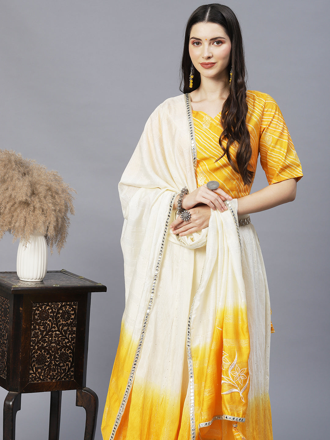 Ethnic Printed Short Top with Flared Skirt & Dupatta - Yellow