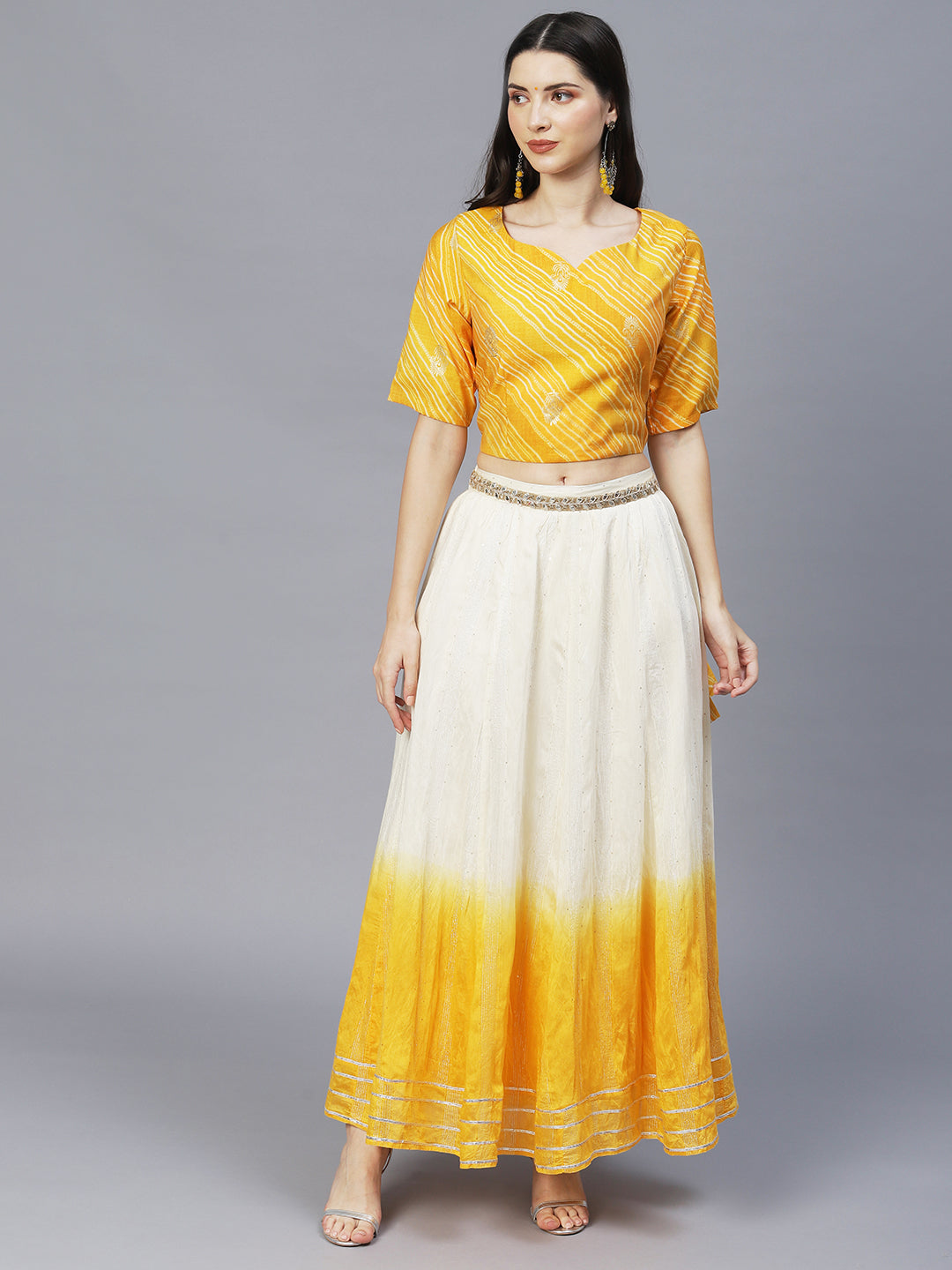 Ethnic Printed Short Top with Flared Skirt & Dupatta - Yellow