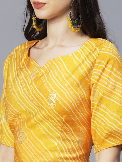 Ethnic Printed Short Top with Flared Skirt & Dupatta - Yellow