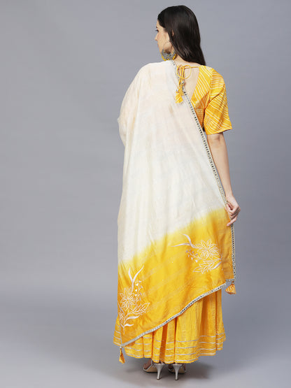 Ethnic Printed Short Top with Flared Skirt & Dupatta - Yellow