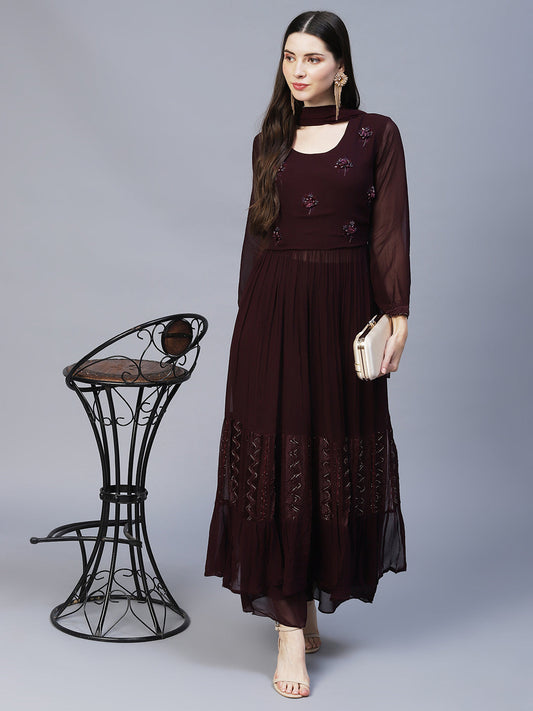 Floral Hand Embroidered A-Line Kurta with Palazzo & Dupatta - Deep Wine