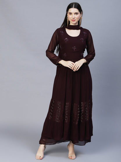 Floral Hand Embroidered A-Line Kurta with Palazzo & Dupatta - Deep Wine