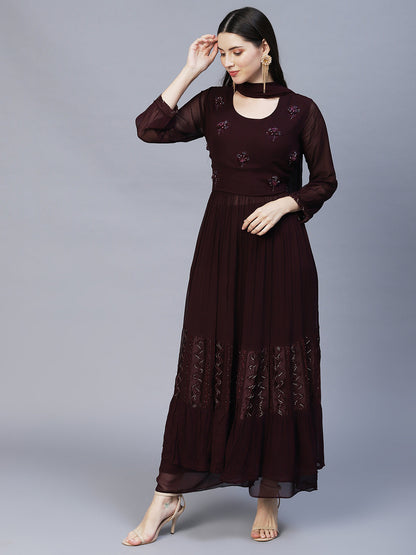 Floral Hand Embroidered A-Line Kurta with Palazzo & Dupatta - Deep Wine