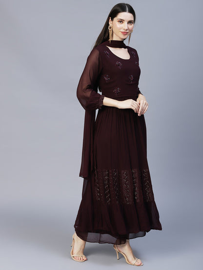 Floral Hand Embroidered A-Line Kurta with Palazzo & Dupatta - Deep Wine