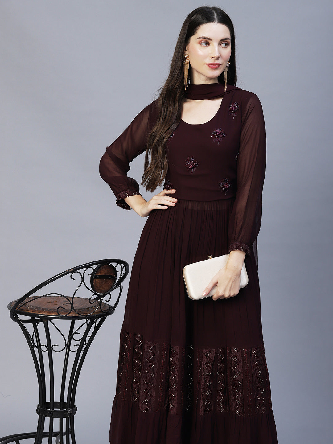 Floral Hand Embroidered A-Line Kurta with Palazzo & Dupatta - Deep Wine