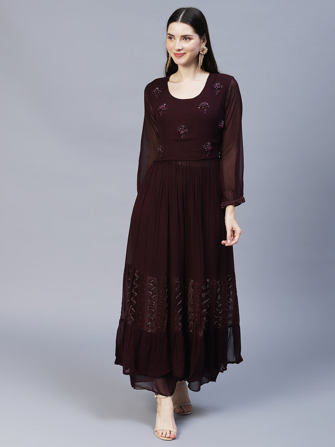 Floral Hand Embroidered A-Line Kurta with Palazzo & Dupatta - Deep Wine