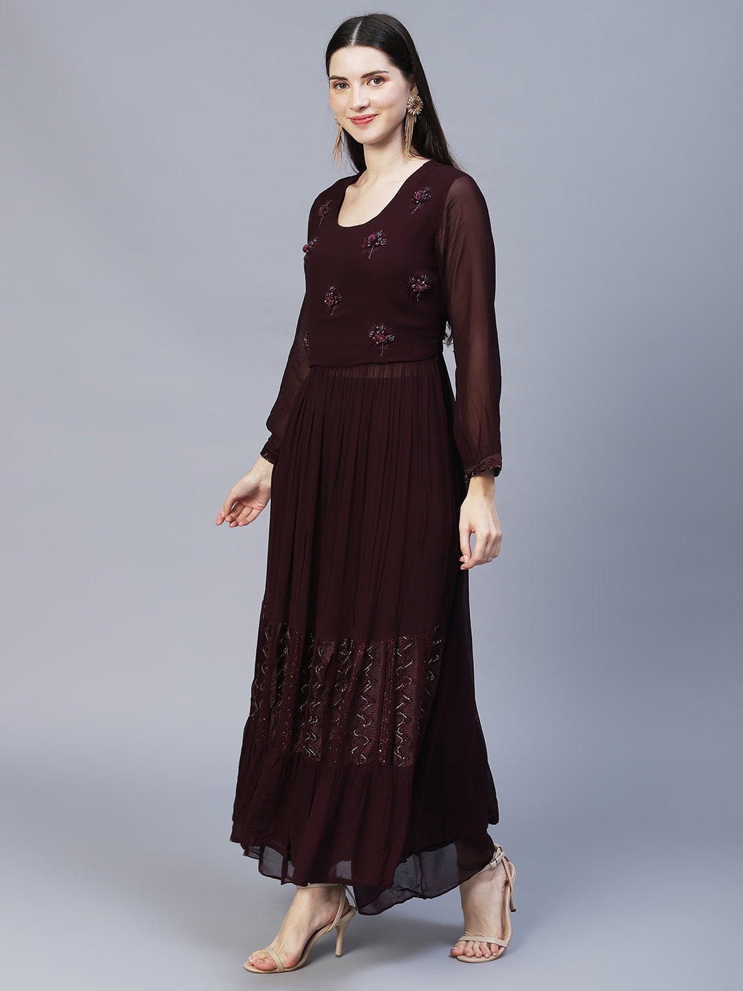 Floral Hand Embroidered A-Line Kurta with Palazzo & Dupatta - Deep Wine