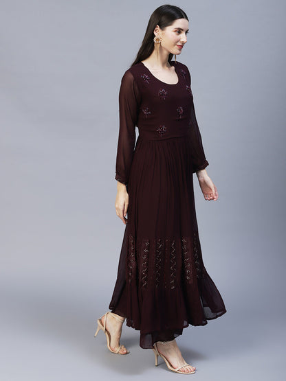 Floral Hand Embroidered A-Line Kurta with Palazzo & Dupatta - Deep Wine