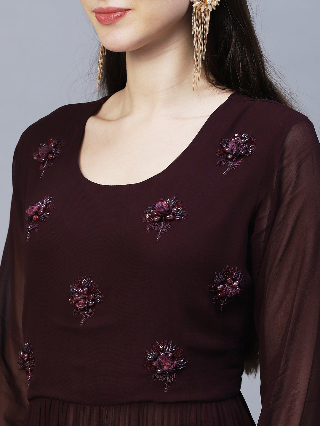 Floral Hand Embroidered A-Line Kurta with Palazzo & Dupatta - Deep Wine