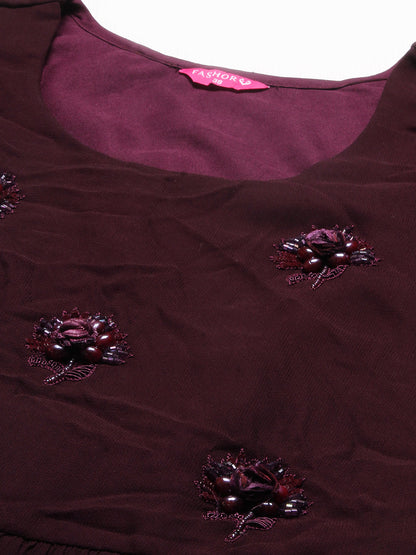 Floral Hand Embroidered A-Line Kurta with Palazzo & Dupatta - Deep Wine