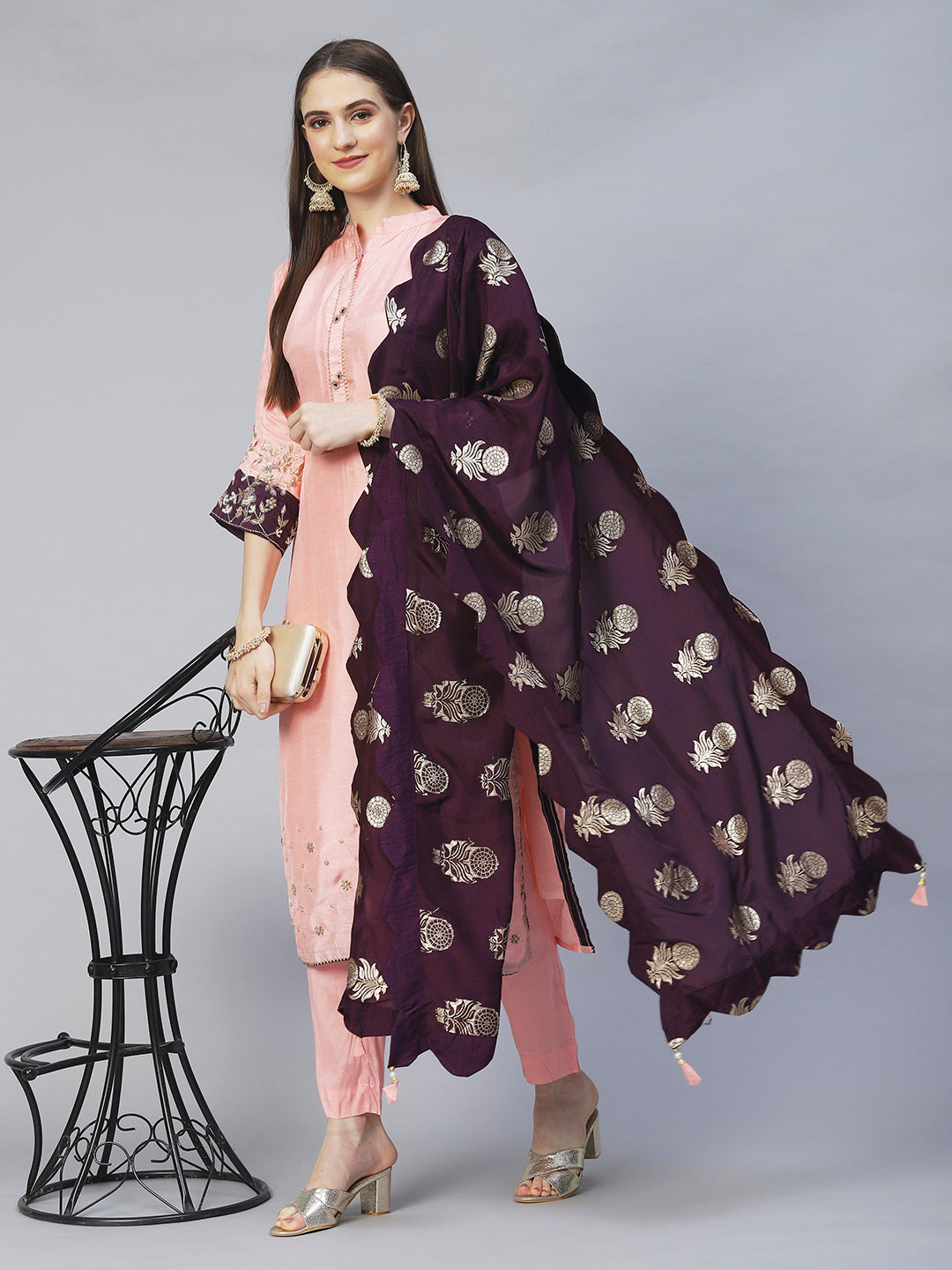 Embroidered Kurta with Pants & Dupatta - Peach