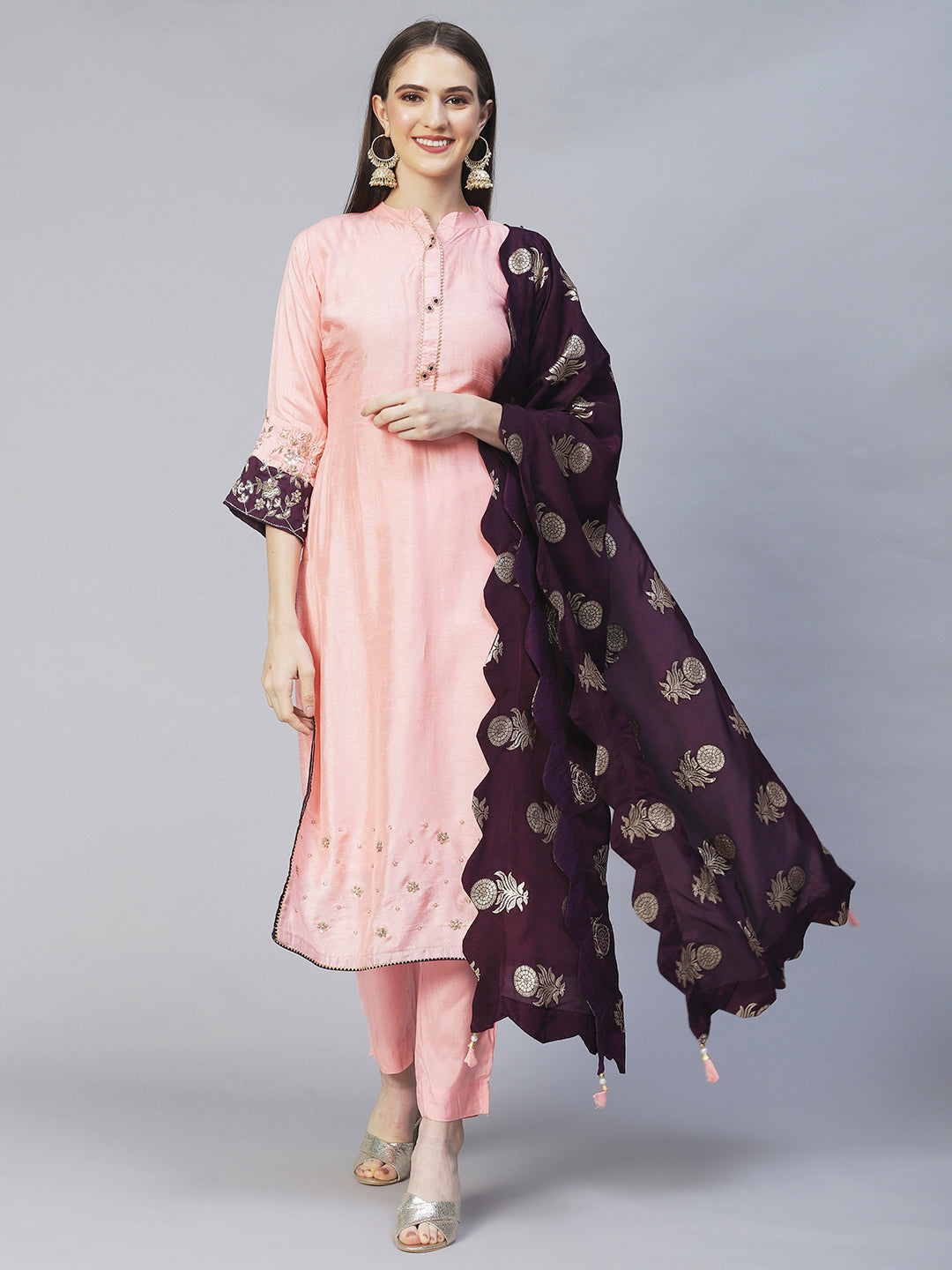 Embroidered Kurta with Pants & Dupatta - Peach