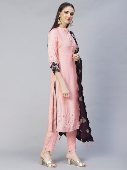 Embroidered Kurta with Pants & Dupatta - Peach