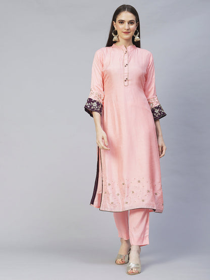 Embroidered Kurta with Pants & Dupatta - Peach