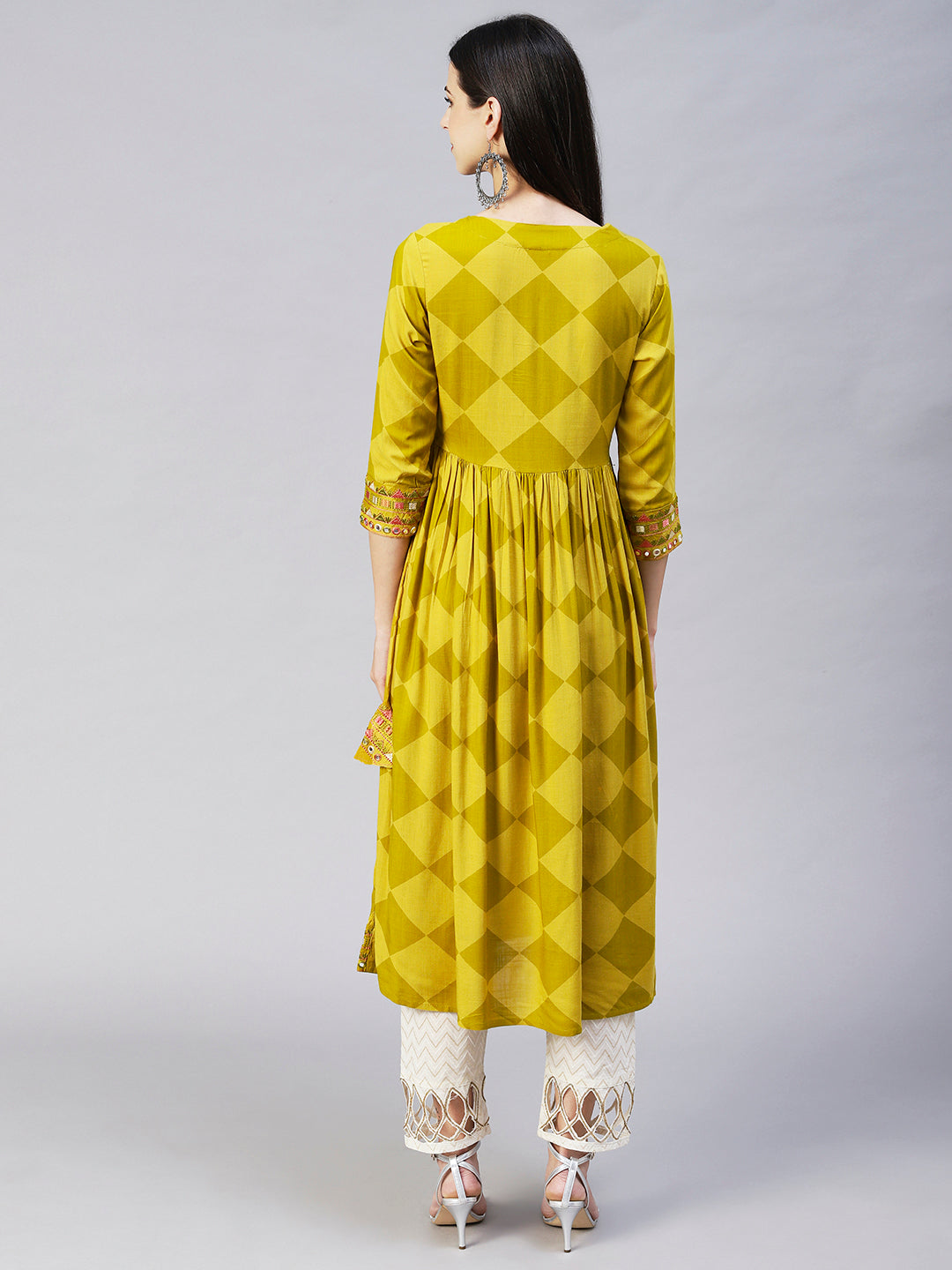 Checks Printed & Embroidered A-Line Kurta - Pear Green