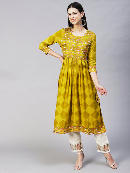 Checks Printed & Embroidered A-Line Kurta - Pear Green