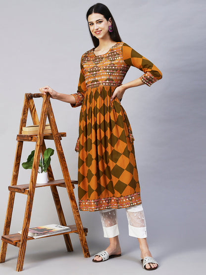 Checks Printed & Embroidered A-Line Kurta - Mustard