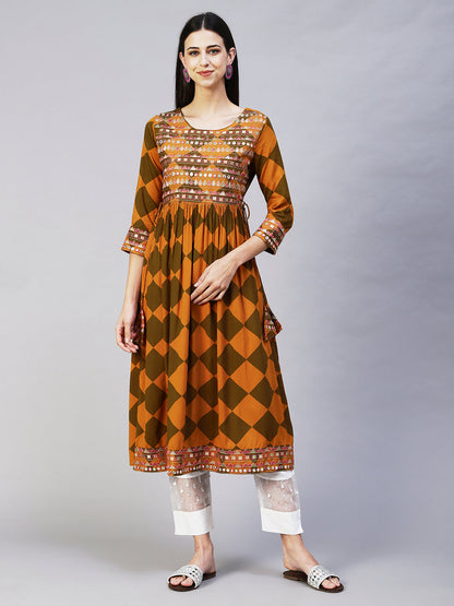 Checks Printed & Embroidered A-Line Kurta - Mustard