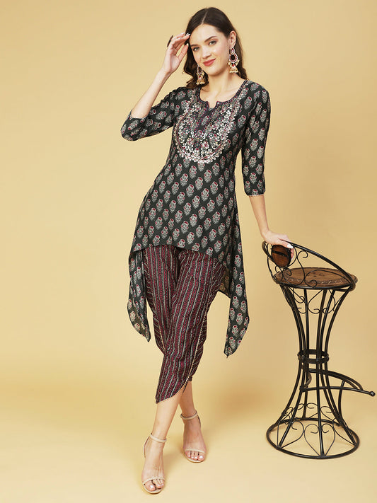 Floral Printed & Embroidered High Low Kurta with Dhoti Pant - Green