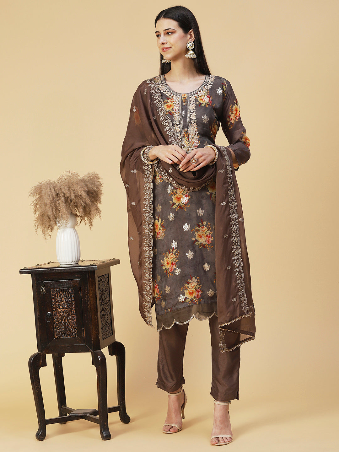 Floral Printed Zari Embroidered Kurta With Pants & Dupatta - Coffee Brown