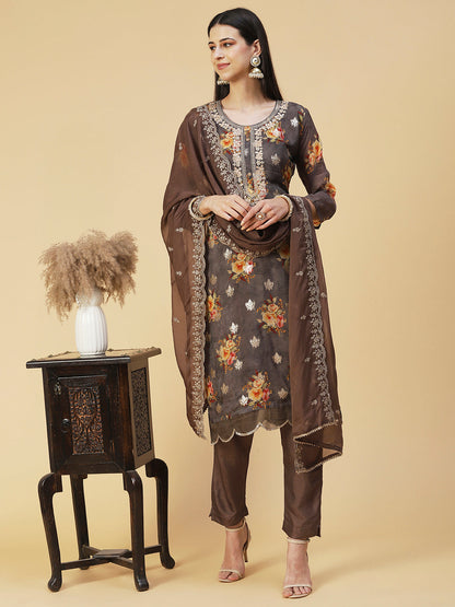 Floral Printed Zari Embroidered Kurta With Pants & Dupatta - Coffee Brown