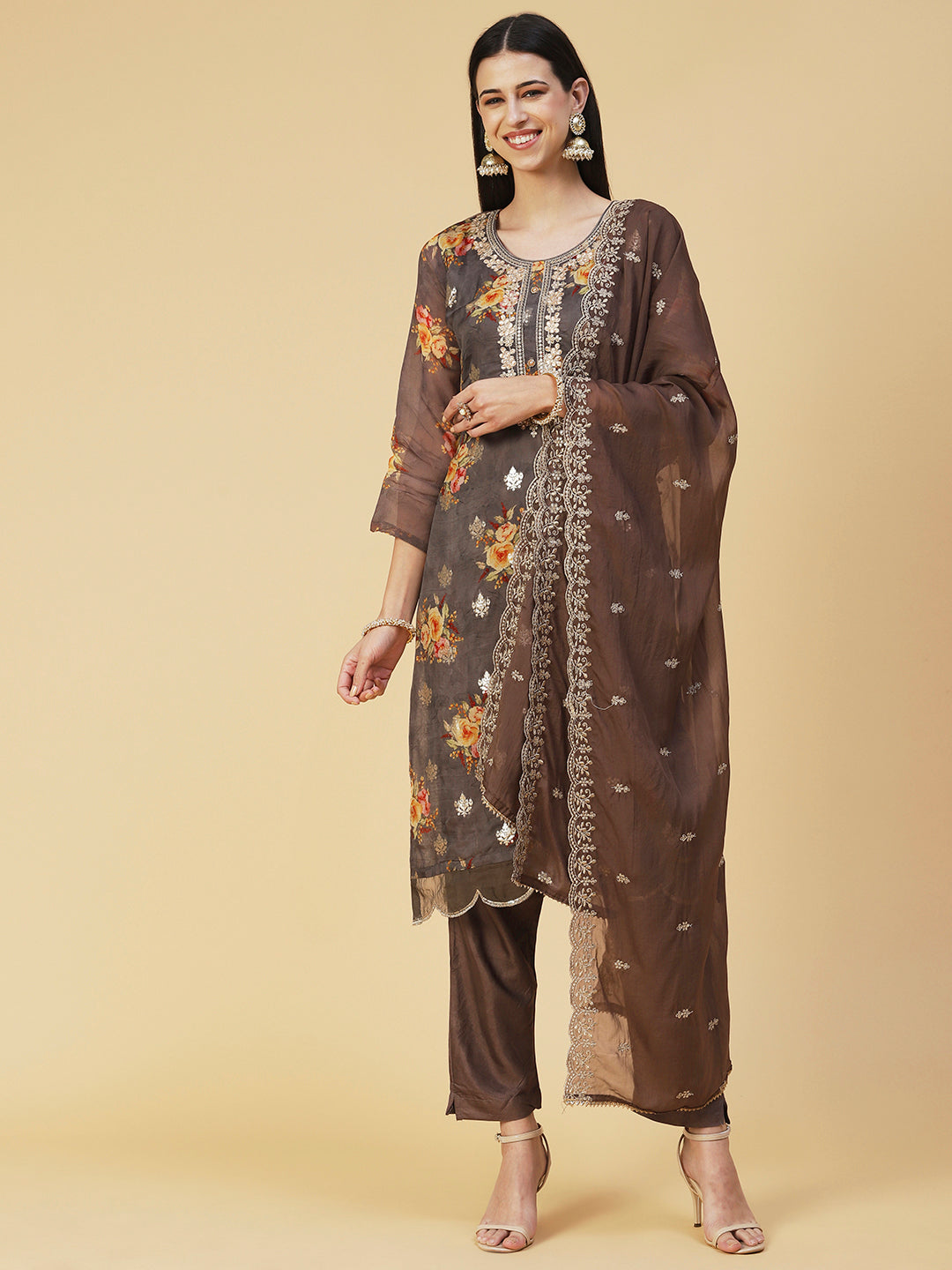 Floral Printed Zari Embroidered Kurta With Pants & Dupatta - Coffee Brown