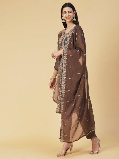 Floral Printed Zari Embroidered Kurta With Pants & Dupatta - Coffee Brown