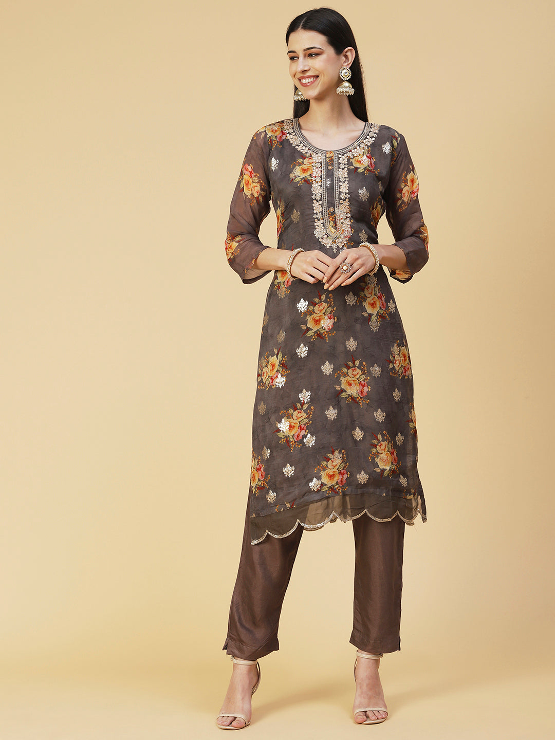 Floral Printed Zari Embroidered Kurta With Pants & Dupatta - Coffee Brown