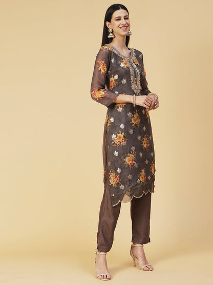 Floral Printed Zari Embroidered Kurta With Pants & Dupatta - Coffee Brown