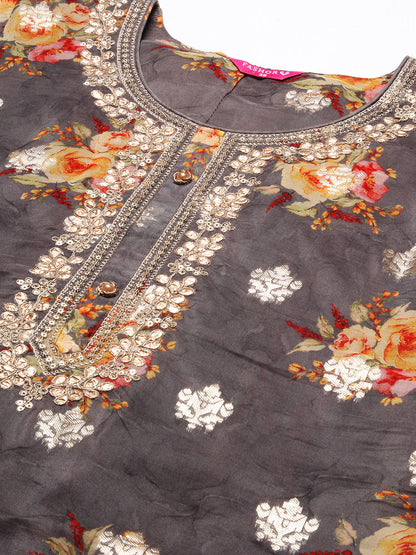 Floral Printed Zari Embroidered Kurta With Pants & Dupatta - Coffee Brown