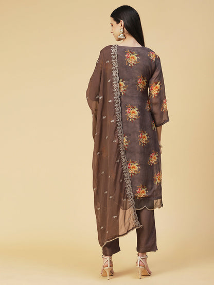 Floral Printed Zari Embroidered Kurta With Pants & Dupatta - Coffee Brown