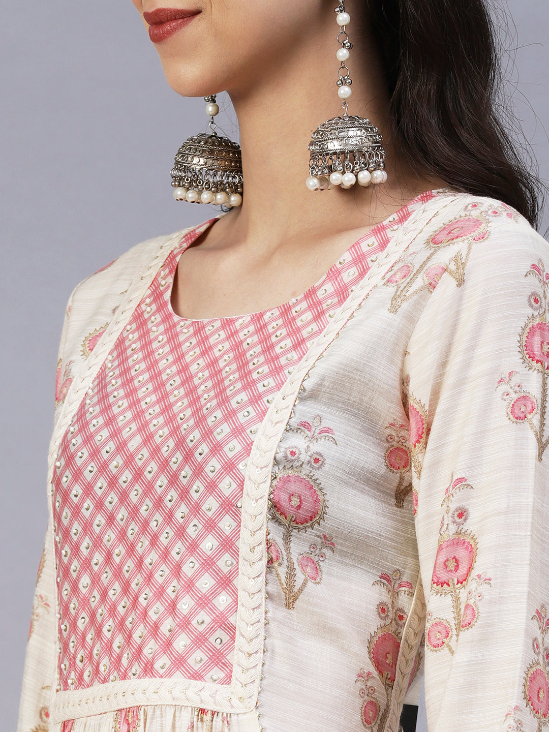 Floral Printed Sequins & Beads Embroidered Kurta With Pants - Off-White