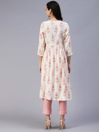 Floral Printed Sequins & Beads Embroidered Kurta With Pants - Off-White