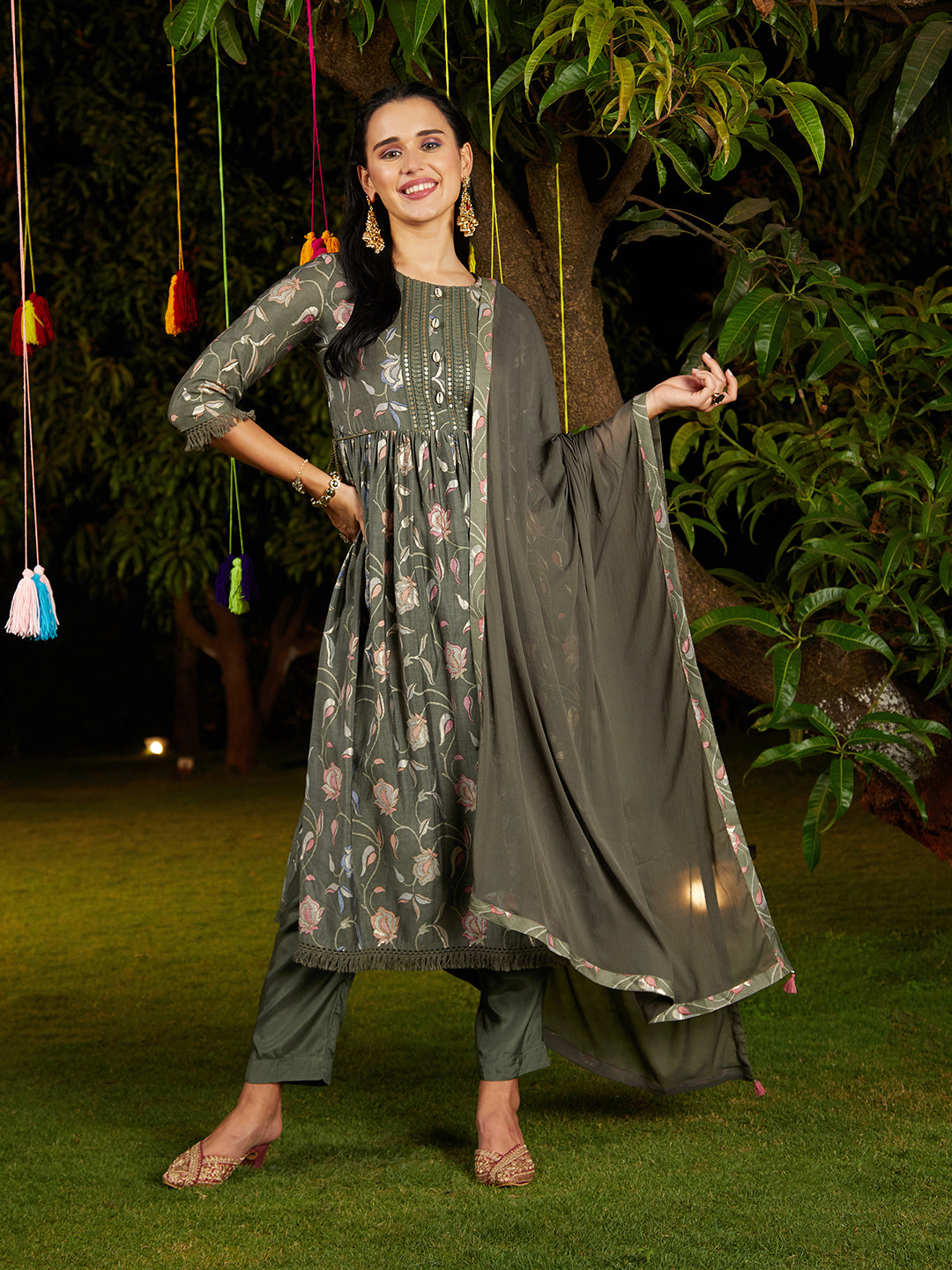 Floral Printed & Embroidered A-Line Kurta with Pant & Dupatta - Green