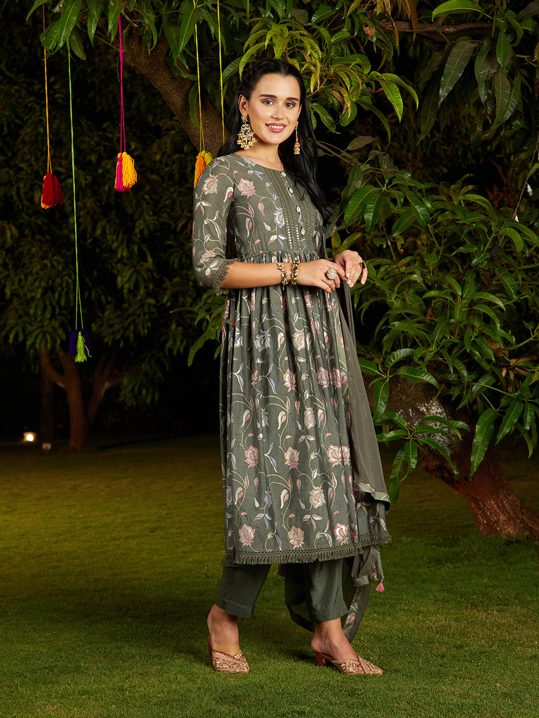 Floral Printed & Embroidered A-Line Kurta with Pant & Dupatta - Green