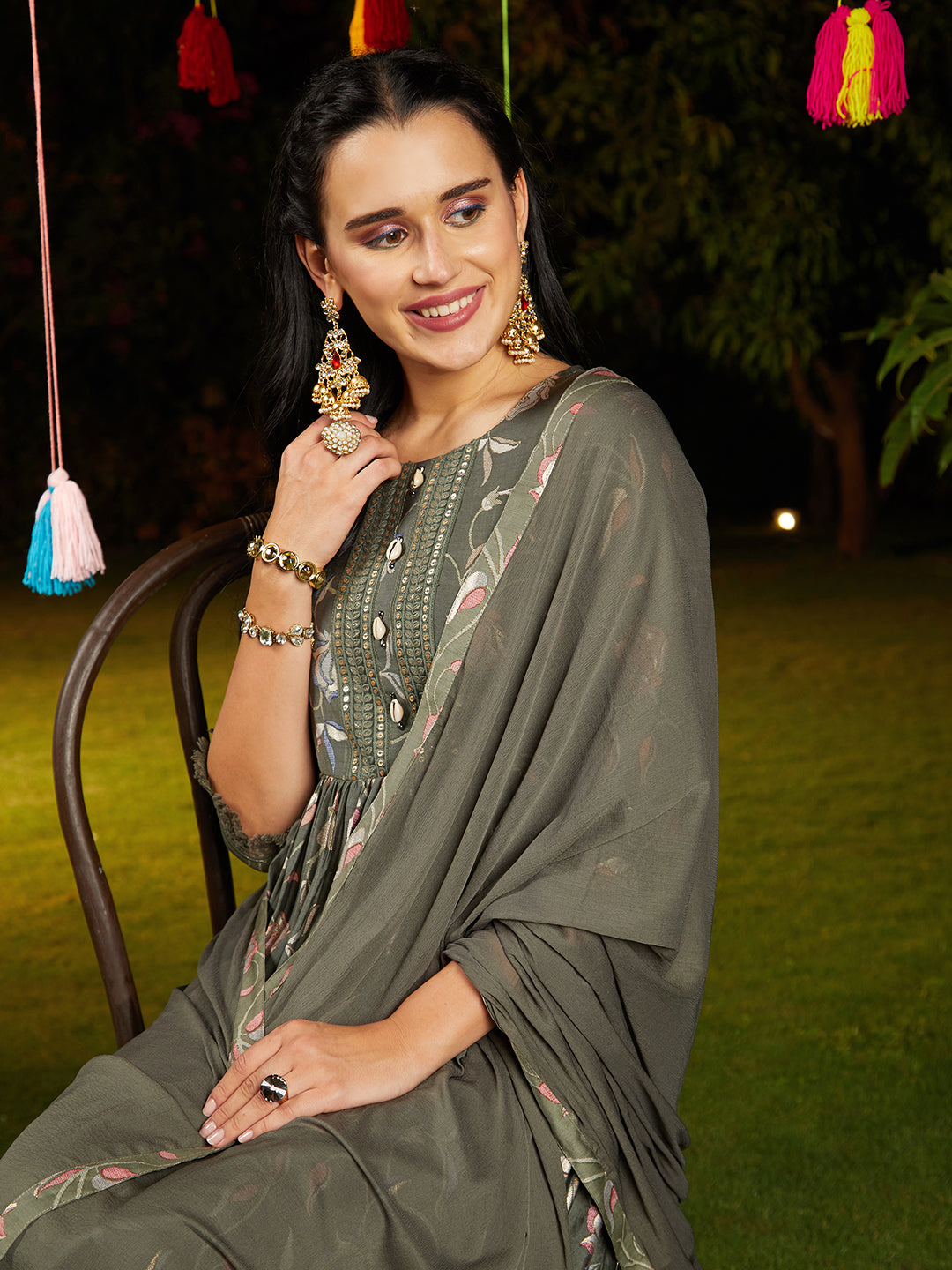 Floral Printed & Embroidered A-Line Kurta with Pant & Dupatta - Green