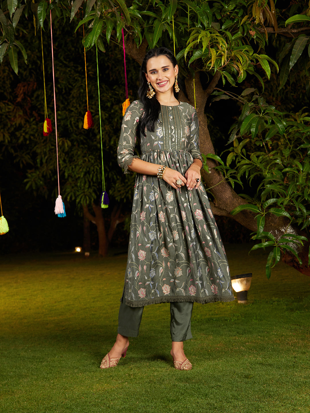 Floral Printed & Embroidered A-Line Kurta with Pant & Dupatta - Green