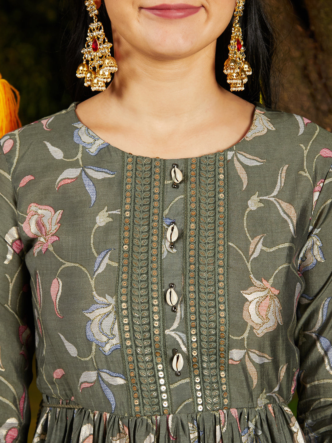 Floral Printed & Embroidered A-Line Kurta with Pant & Dupatta - Green