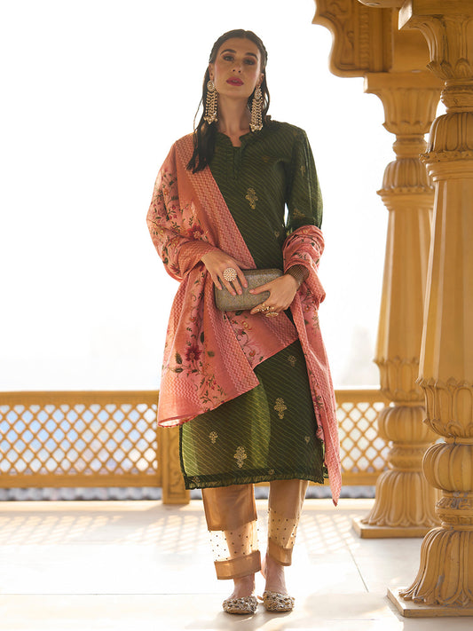 Ethnic Foil & Leheriya Printed Kurta with Dupatta - Moss Green