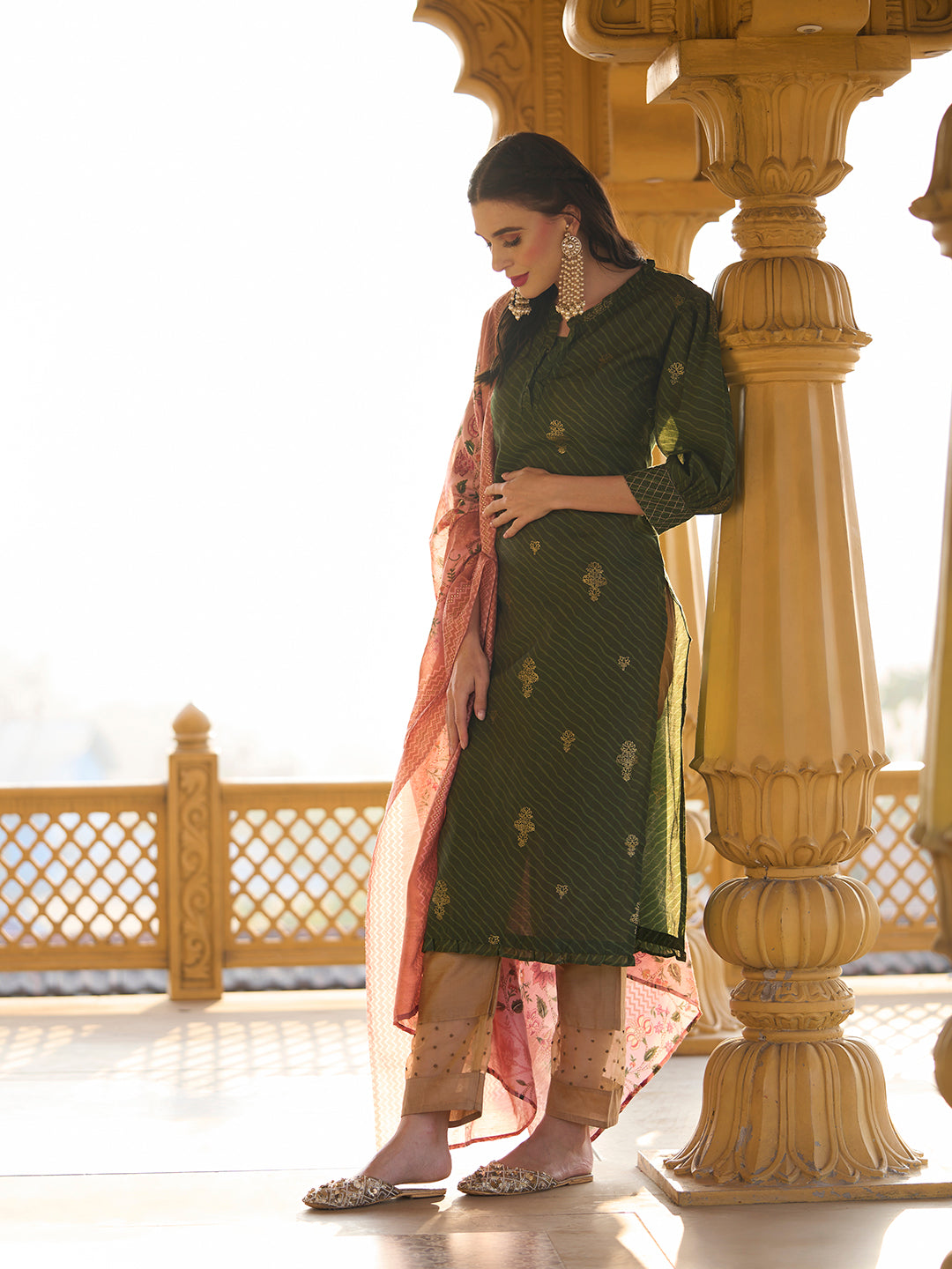 Ethnic Foil & Leheriya Printed Kurta with Dupatta - Moss Green