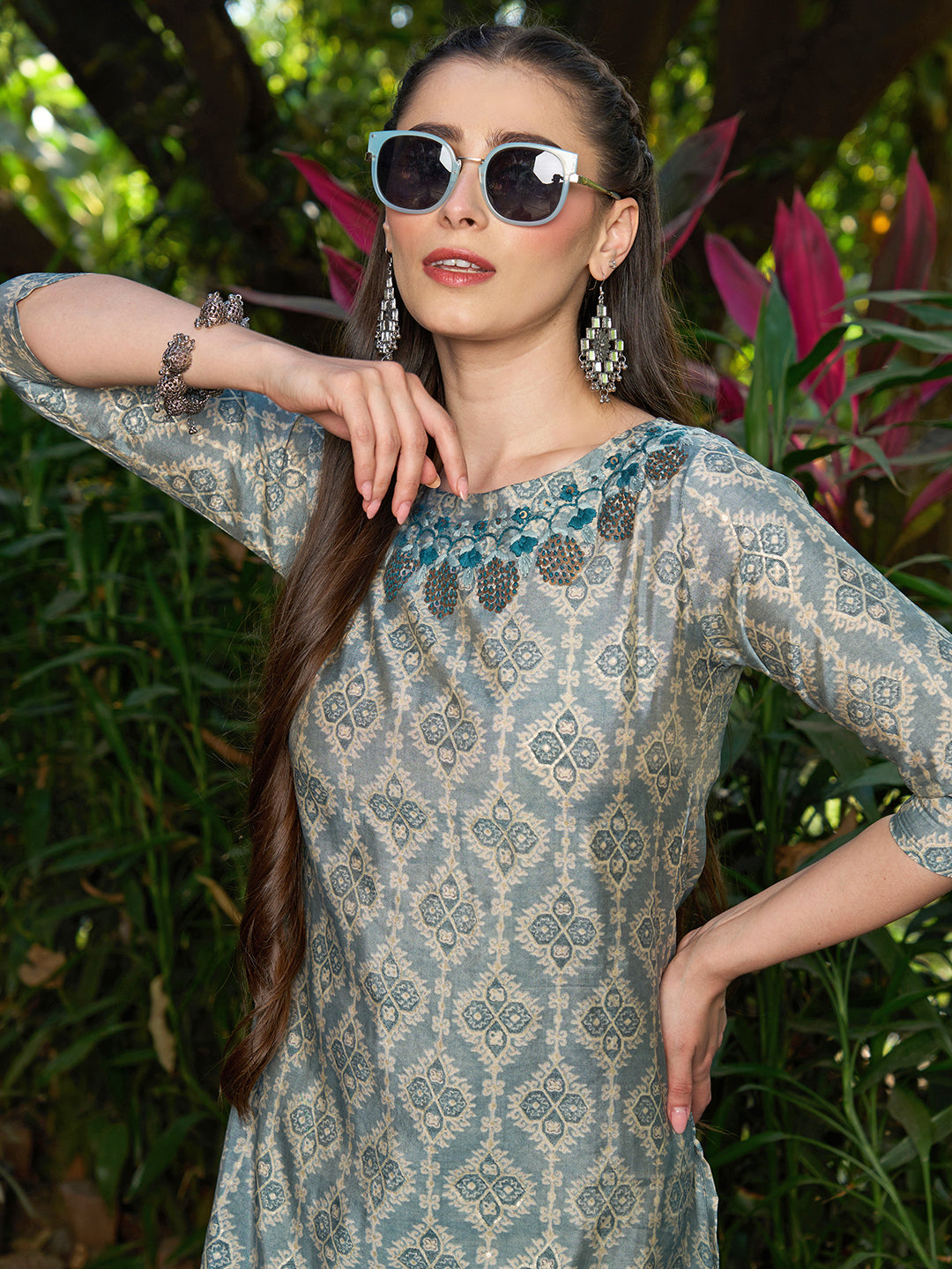 Ethnic Printed & Hand Embroidered Straight Fit Kurta - Powder Blue