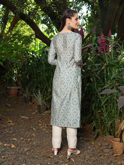 Ethnic Printed & Hand Embroidered Straight Fit Kurta - Powder Blue