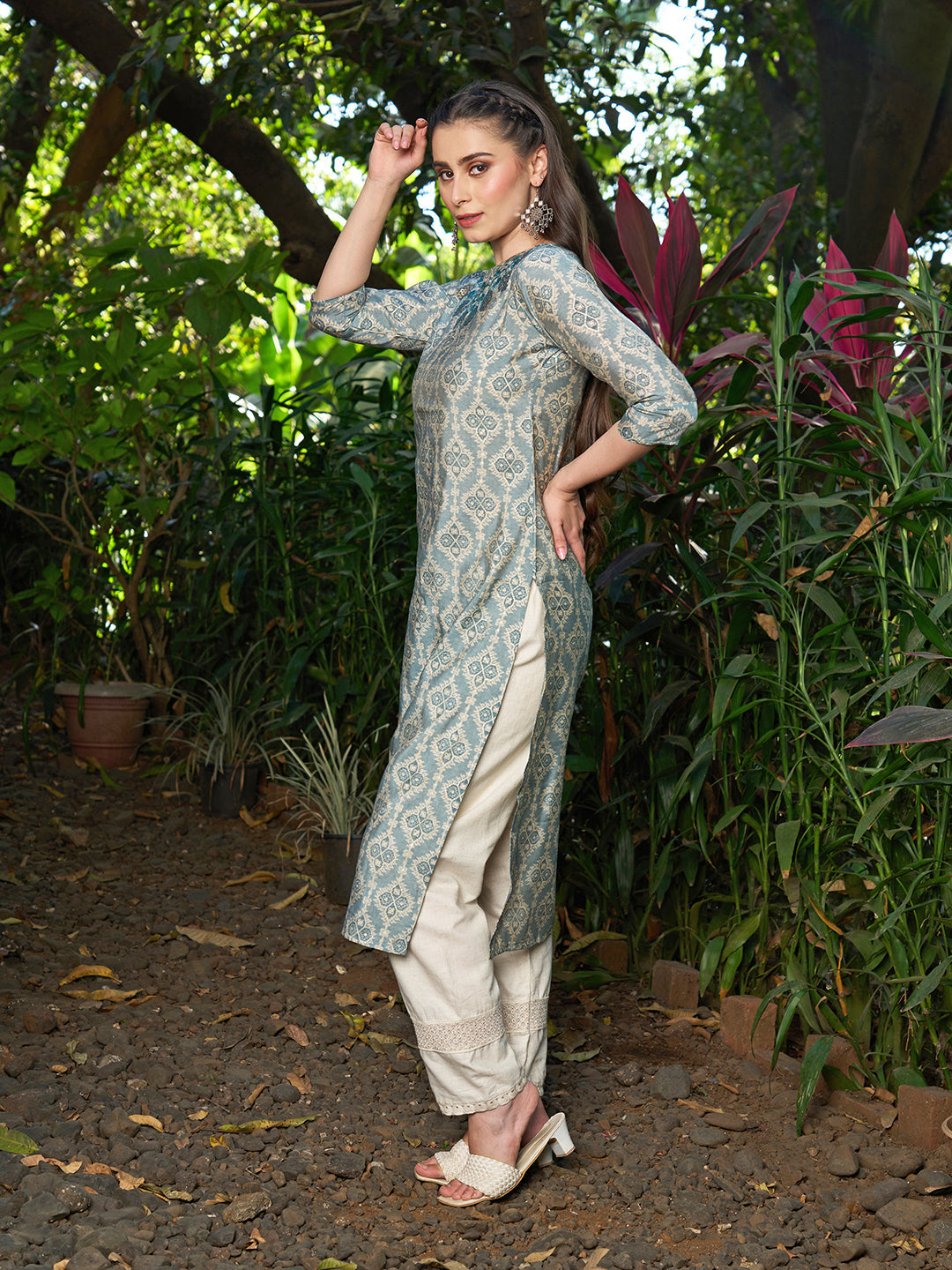 Ethnic Printed & Hand Embroidered Straight Fit Kurta - Powder Blue