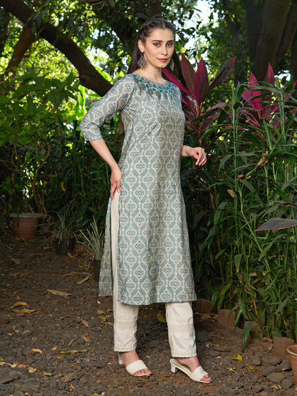 Ethnic Printed & Hand Embroidered Straight Fit Kurta - Powder Blue