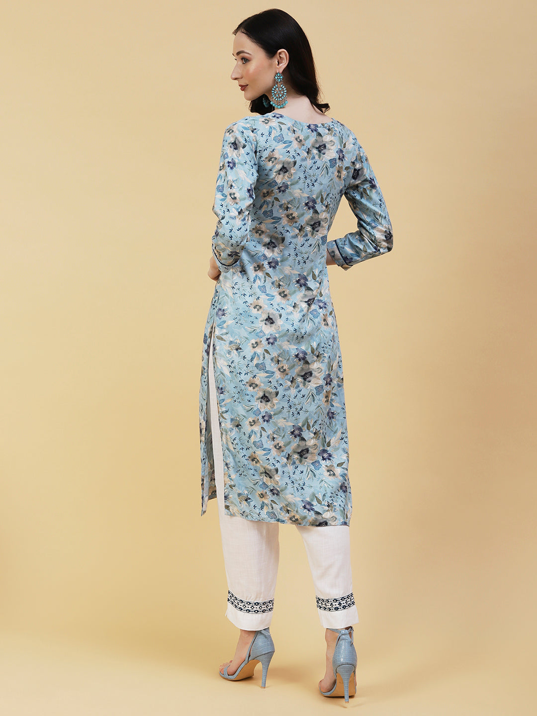 Floral Foil Printed Resham & Sequins Embroidered Kurta - Sky Blue